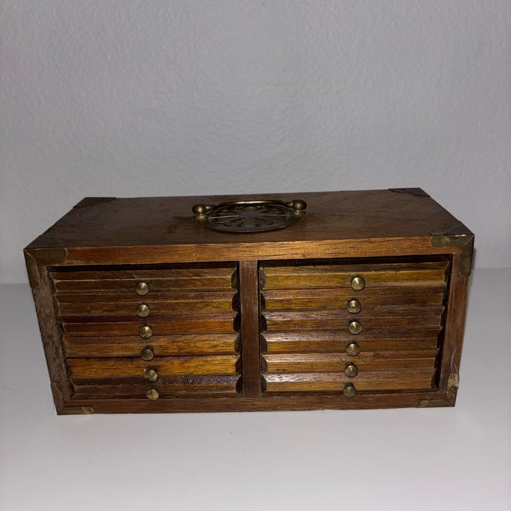 Vintage Oriental Wooden Coaster Set of 12 in Tansu Chest Box with Metal Hardware